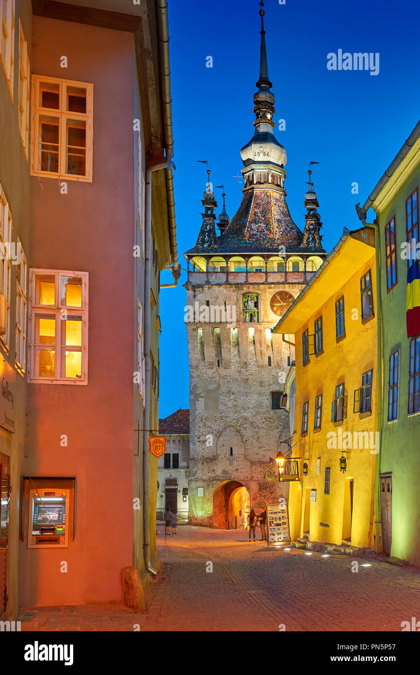 Sighisoara città vecchia a sera, Transilvania, Romania Foto Stock