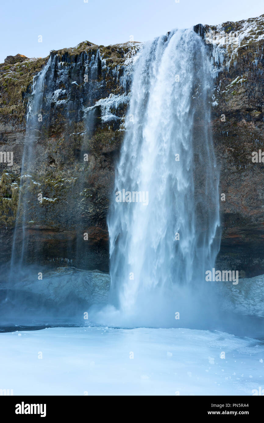 Spettacolare cascata Seljalandsfoss nel sud dell'Islanda con fragoroso glaciale acque di fusione da Eyjafjahajokul icecap Foto Stock