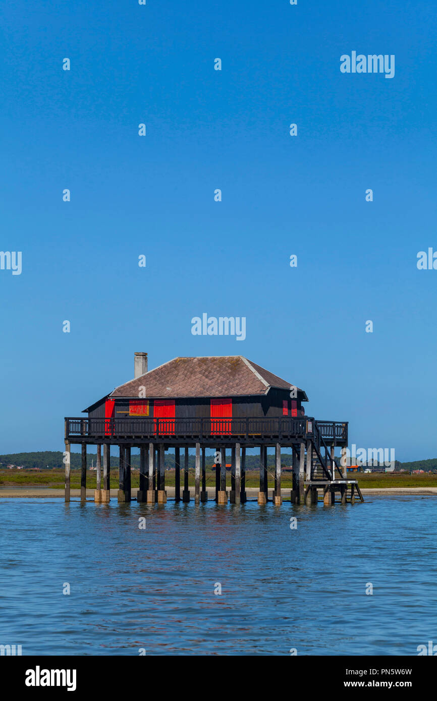 Andernos-les-Bains (sud-ovest della Francia): sito della pila delle abitazioni, "Ile aux Oiseaux" (Bird's Island), nella baia di Arcachon (non disponibile per postc Foto Stock
