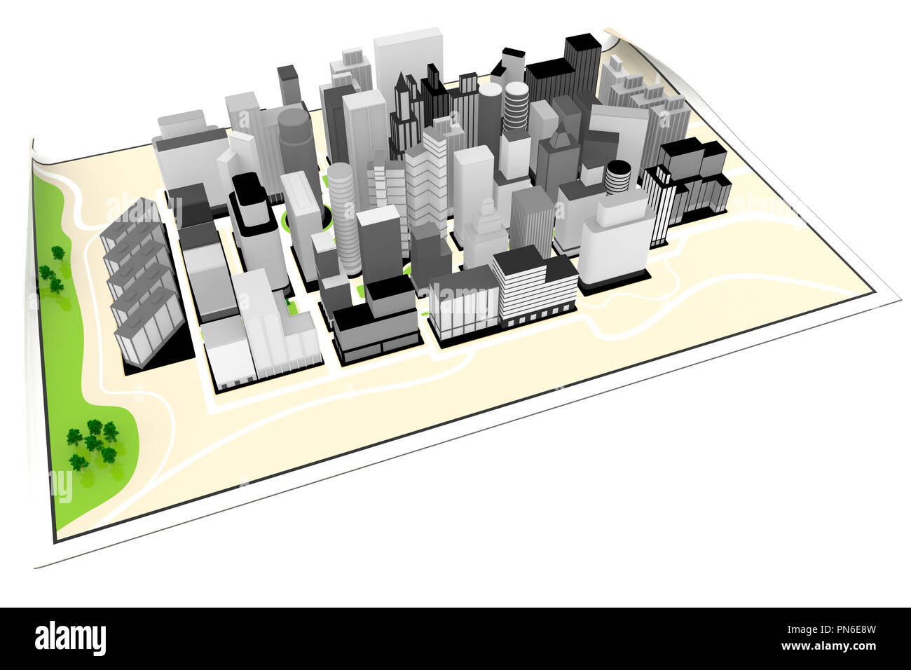 3D'illustrazione. Mappa stradale. Città, grattacieli e case poste sulla  mappa Foto stock - Alamy