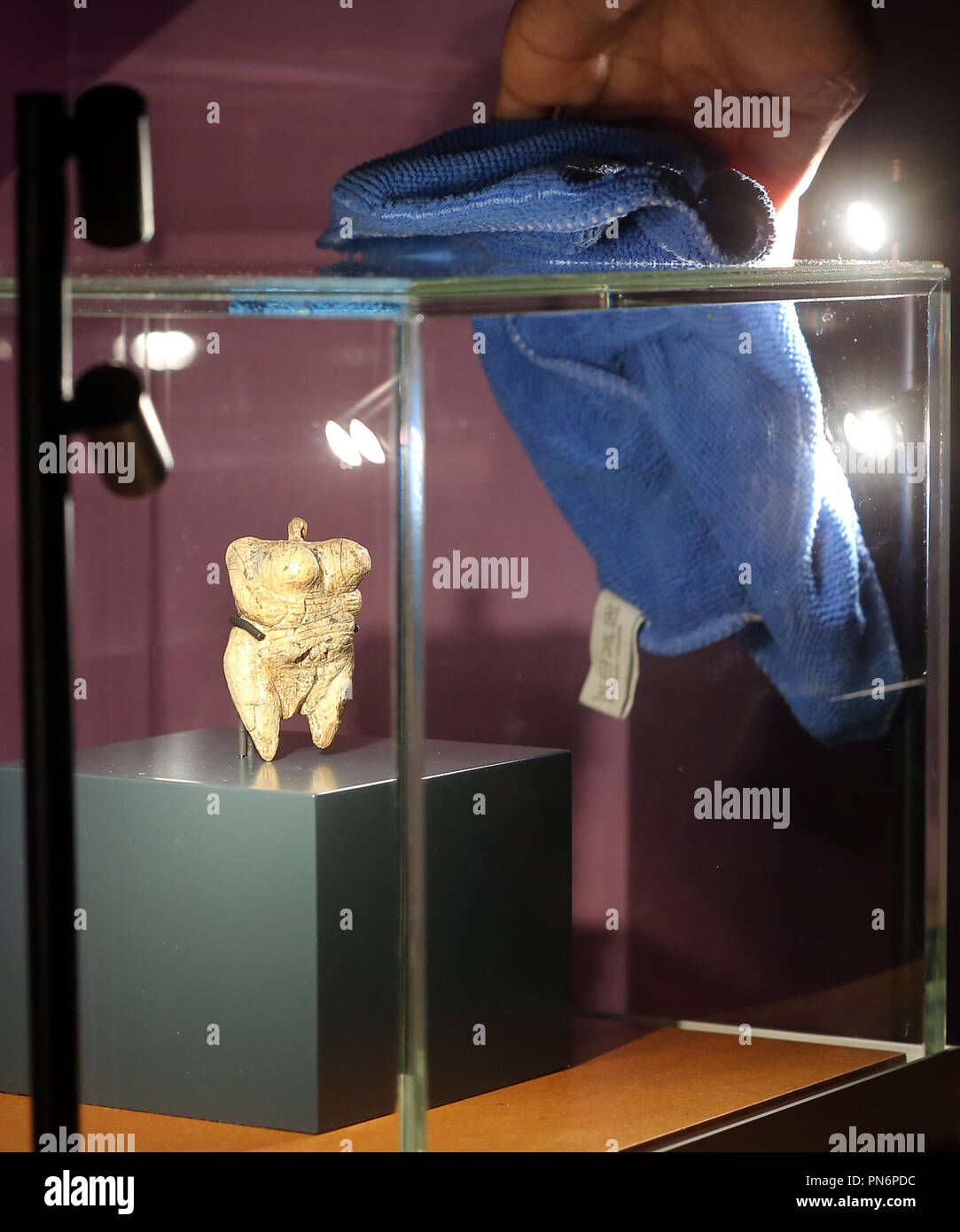 Il 20 settembre 2018, Berlino: in mostra 'Spostamento volte. Archeologia in Germania " una vetrina di vetro in cui la CA. 40 000 anni di Venere vom Hohle Fels stand. La più spettacolare di reperti degli ultimi venti anni da tutta la Germania sono mostrati. Più di 1000 presenta da tutti gli stati tedeschi, dal Cielo Nebra disco al porto antico muro romano di Colonia, sarà presentato. Foto: Wolfgang Kumm/dpa Foto Stock