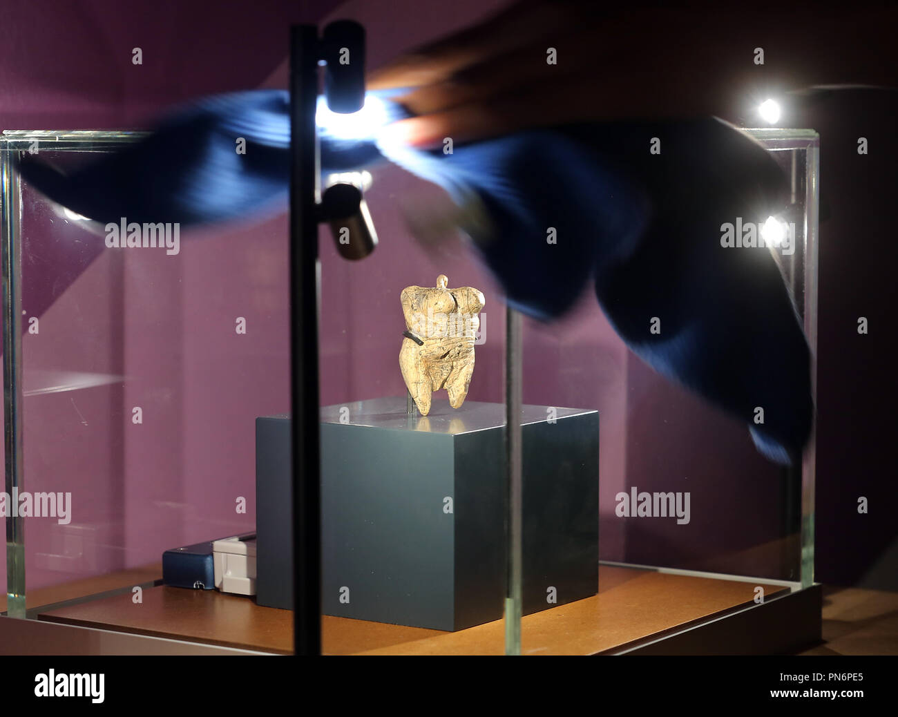 Il 20 settembre 2018, Berlino: in mostra 'Spostamento volte. Archeologia in Germania " una vetrina di vetro in cui la CA. 40 000 anni di Venere vom Hohle Fels stand. La più spettacolare di reperti degli ultimi venti anni da tutta la Germania sono mostrati. Più di 1000 presenta da tutti gli stati tedeschi, dal Cielo Nebra disco al porto antico muro romano di Colonia, sarà presentato. Foto: Wolfgang Kumm/dpa Foto Stock
