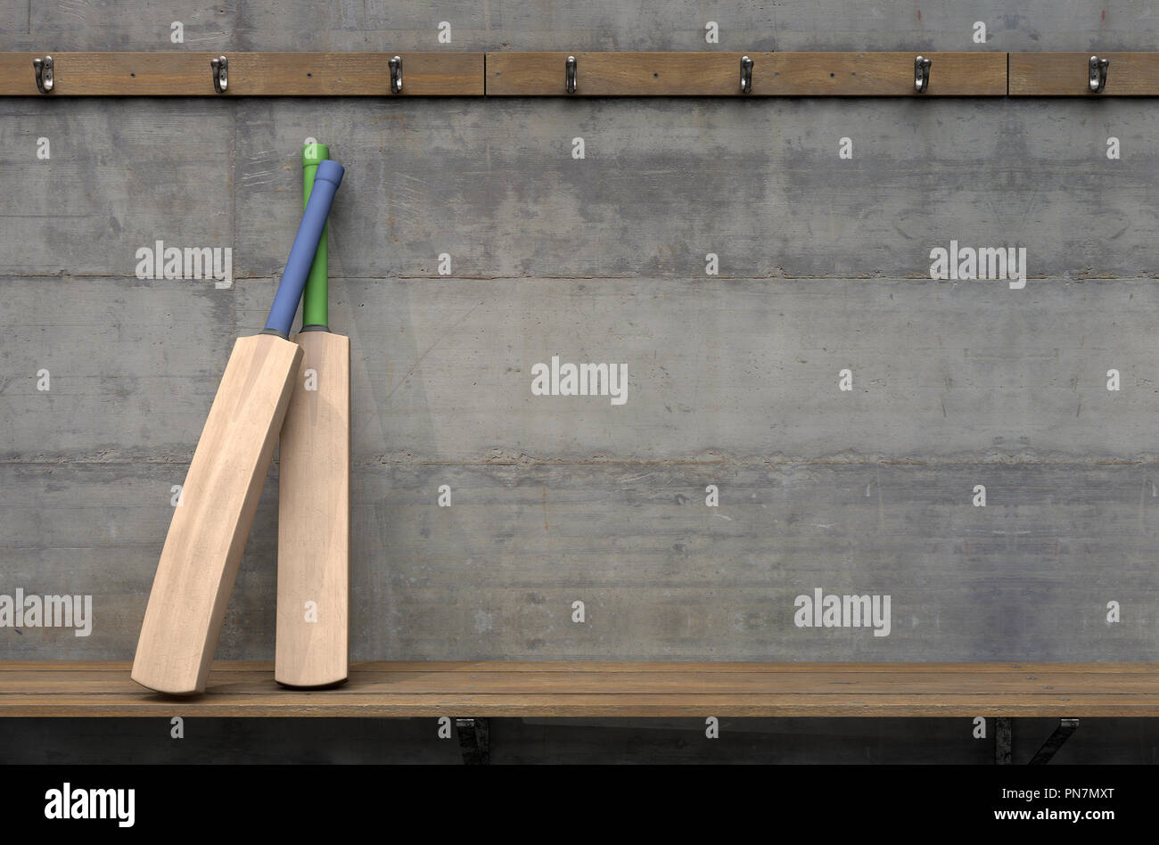 Due mazze da cricket su una panca in legno in un fatiscente armadietto dello sport cambiare camera - 3D render Foto Stock