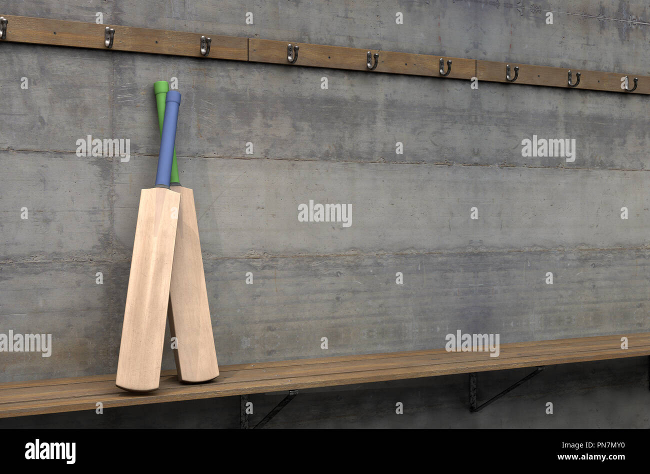 Due mazze da cricket su una panca in legno in un fatiscente armadietto dello sport cambiare camera - 3D render Foto Stock