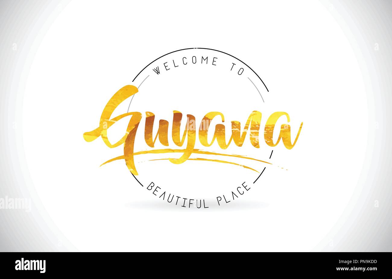 Guyana Benvenuti alla parola del testo con font manoscritta e texture dorata Design Illustrazione Vettore. Illustrazione Vettoriale