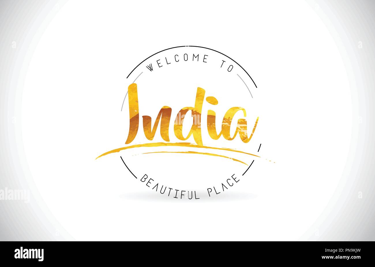 India Benvenuti alla parola del testo con font manoscritta e texture dorata Design Illustrazione Vettore. Illustrazione Vettoriale