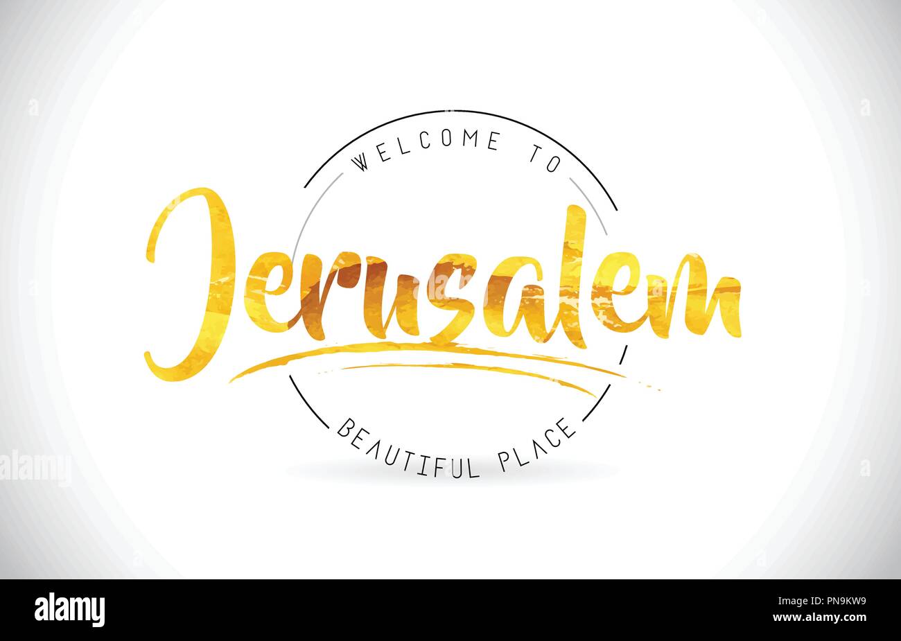 Gerusalemme Benvenuti alla parola del testo con font manoscritta e texture dorata Design Illustrazione Vettore. Illustrazione Vettoriale