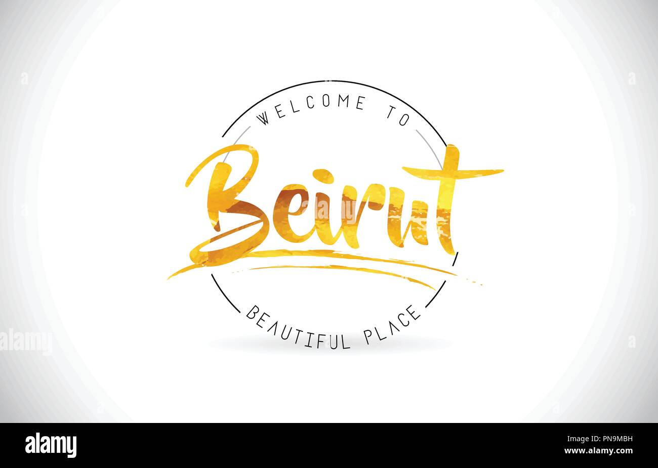 Beirut Benvenuti alla parola del testo con font manoscritta e texture dorata Design Illustrazione Vettore. Illustrazione Vettoriale