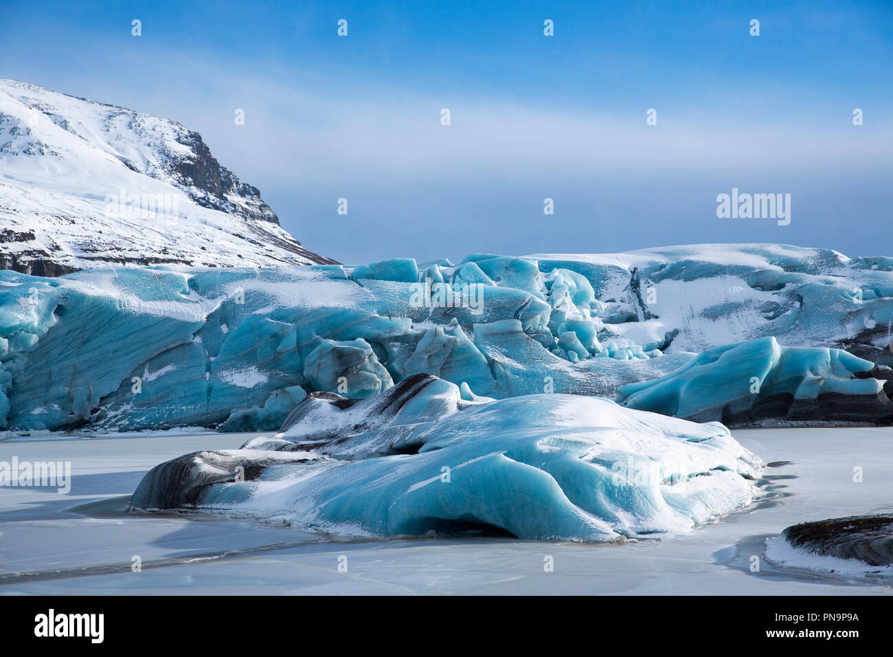 Blocchi di ghiaccio della lingua glaciale del ghiacciaio Svinafellsjokull una uscita del ghiacciaio Vatnajokull, la più grande calotta di ghiaccio in Europa, Sud Islanda Foto Stock