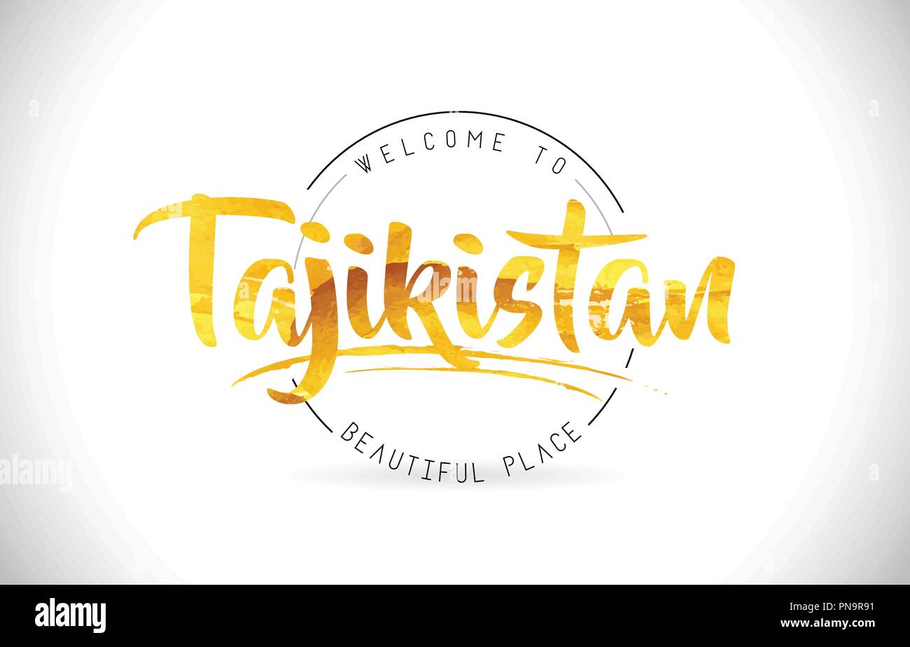 Tagikistan Benvenuti alla parola del testo con font manoscritta e texture dorata Design Illustrazione Vettore. Illustrazione Vettoriale