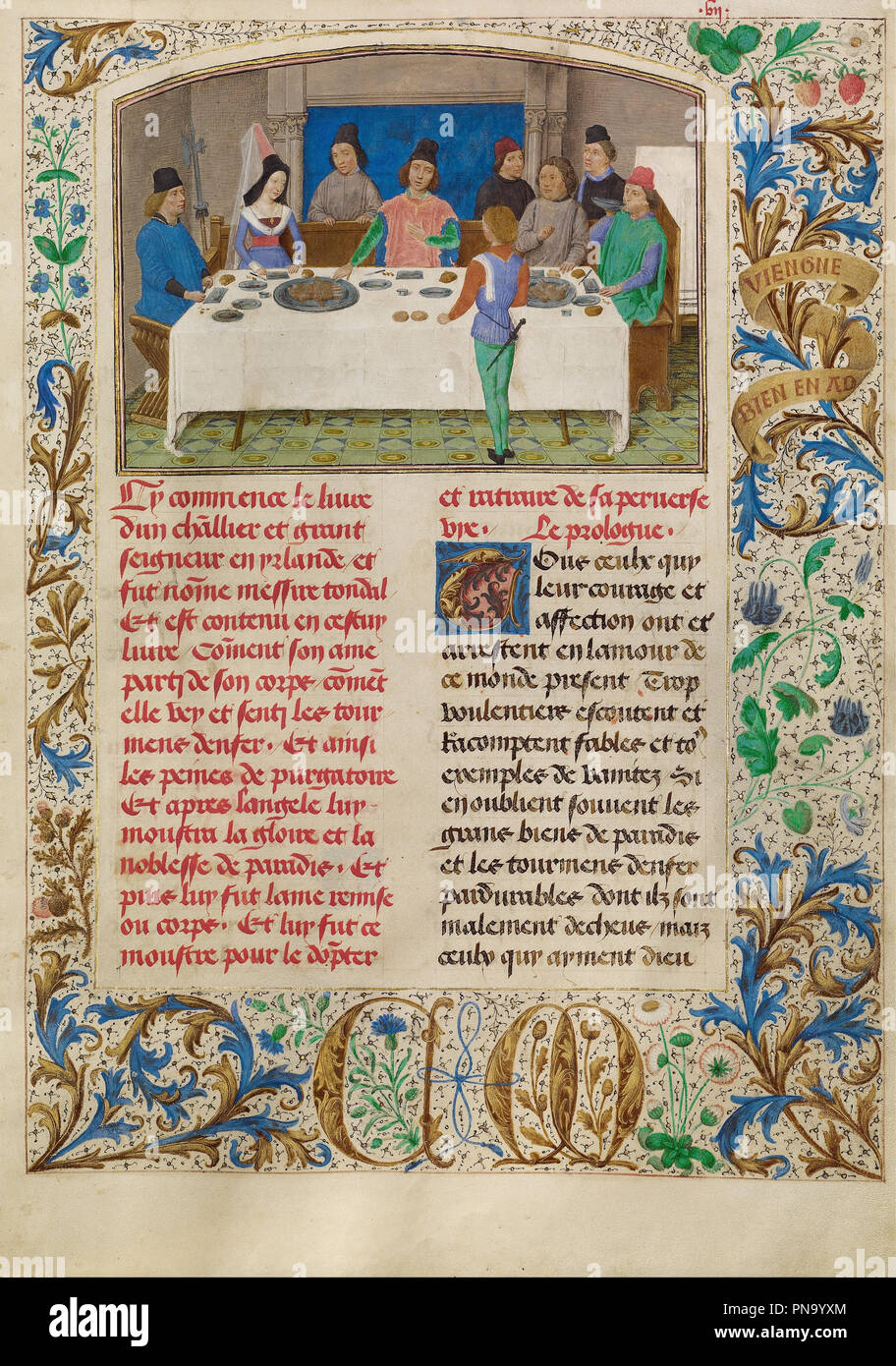 Tondal soffre di un sequestro a cena. Data/Periodo: 1475. Folio. Tempere, foglia oro, oro dipingere e inchiostro su pergamena. Autore: Simon Marmion. Foto Stock