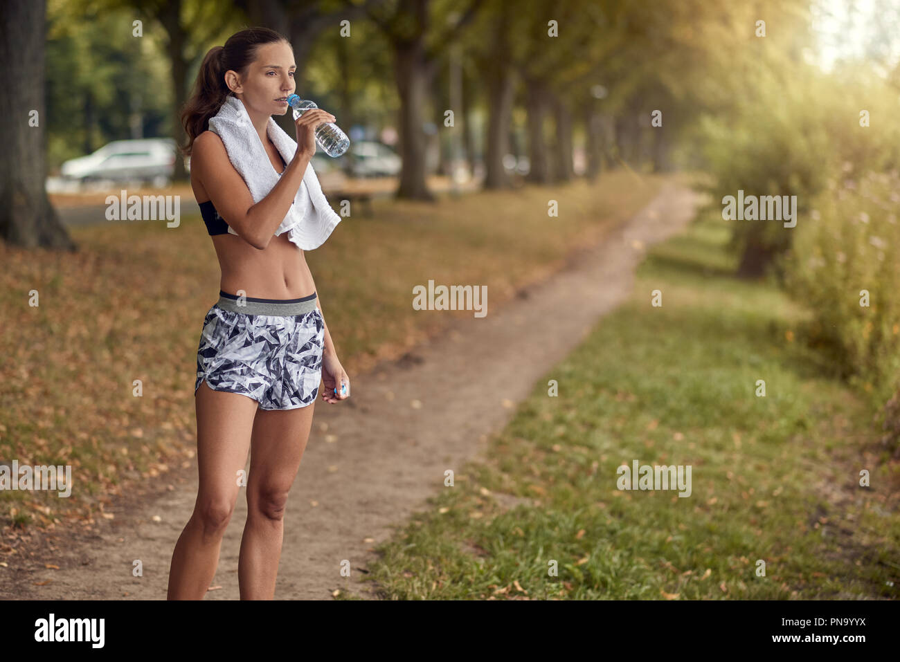 Montare sportivo da donna di bere acqua da una bottiglia di plastica come lei si interrompe durante il suo allenamento jogging su un viale alberato sentiero con un asciugamano intorno al collo Foto Stock