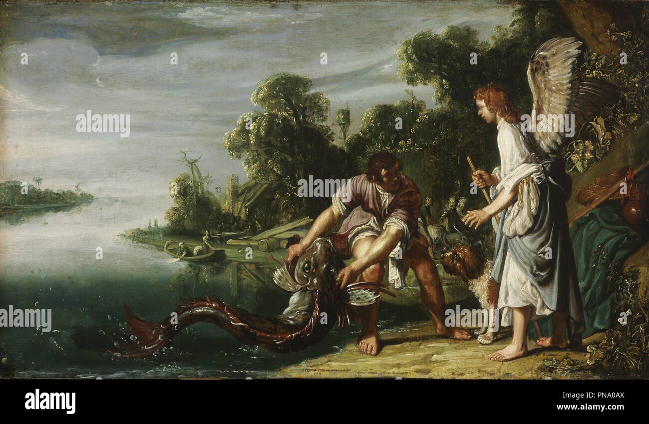 L'Angelo e Tobias con il pesce. Data/Periodo: 1610s. La pittura. Olio su legno di quercia. Altezza: 34,3 cm (13,5"); larghezza: 59 cm (23.2 in.). Autore: Pieter Lastman. Lastman, Pieter. Foto Stock