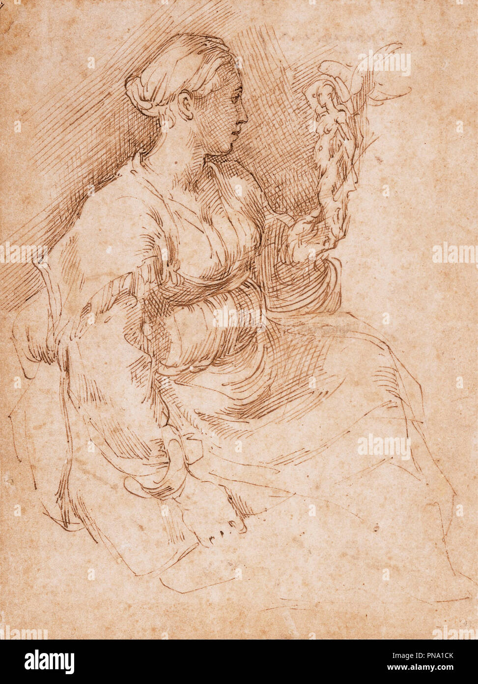 Donna seduta tenendo una statuetta della vittoria. Data/Periodo: 1501-01-12-31-01/1600. Penna e inchiostro bruno. Larghezza: 16,7 cm. Altezza: 22,3 cm. Autore: Parmigianino. Foto Stock