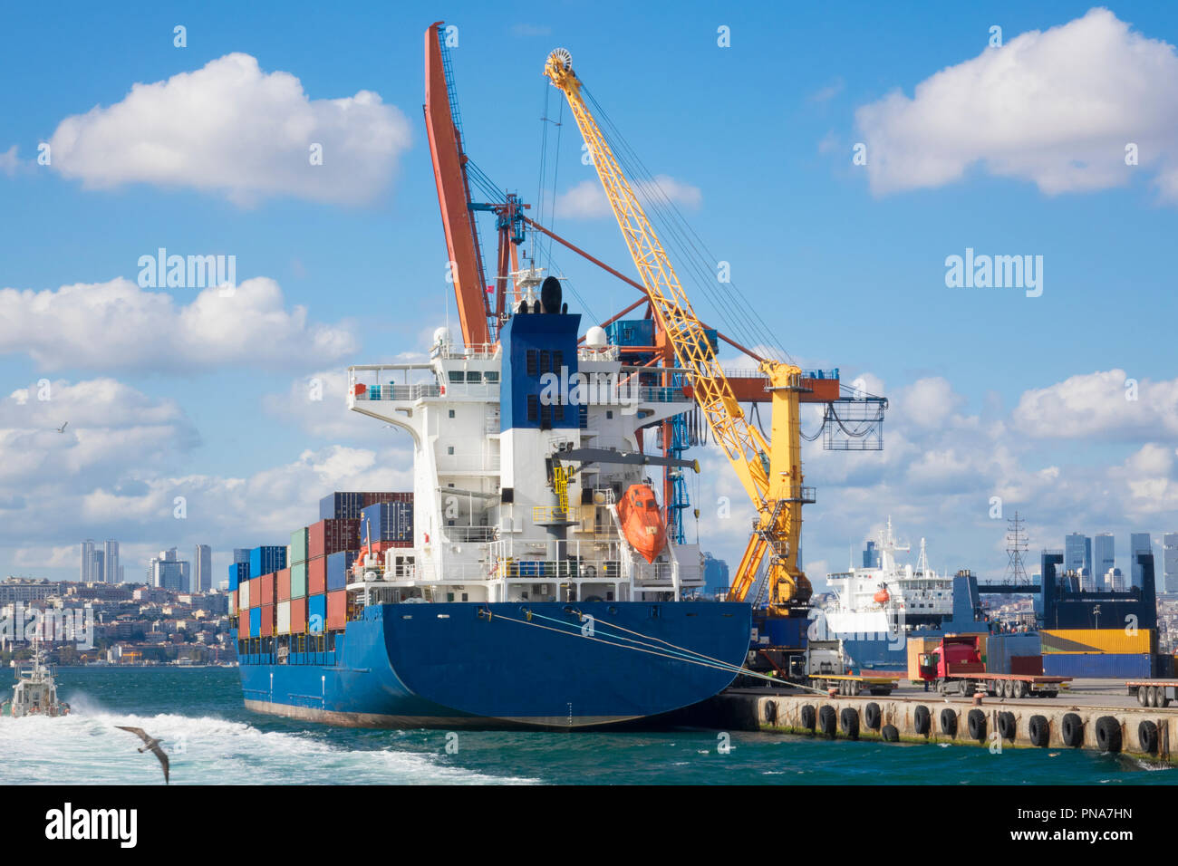 Porto industriale gru sollevare il caricamento di container export box a bordo di camion al Porto di istanbul, la porta della gru del tipo twinlift è la soluzione migliore Foto Stock