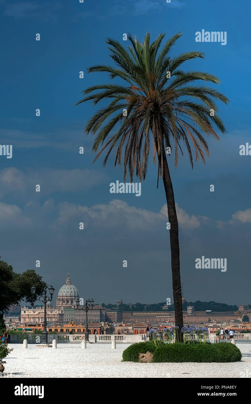Vista panoramica di Roma con la Basilica di San Pietro dome dalla terrazza del Pincio con Palm tree. Foto © Fabio Mazzarella/Sintesi/Alamy Stock Photo Foto Stock