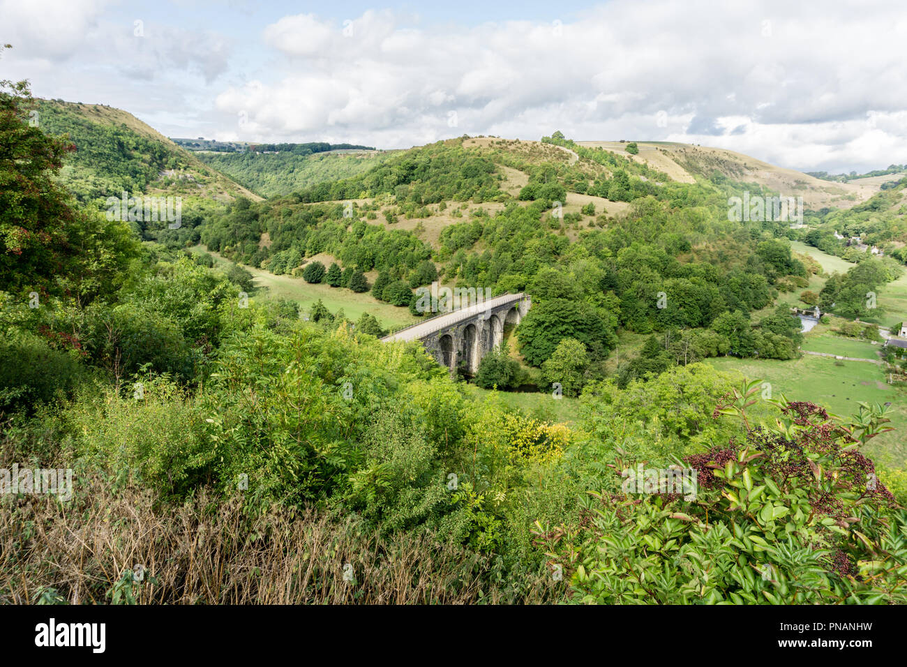 Vedute Monsal Dale dalla testa Monsal Viewpoint, con la lapide il viadotto a sinistra, Peak District, Derbyshire, Regno Unito Foto Stock