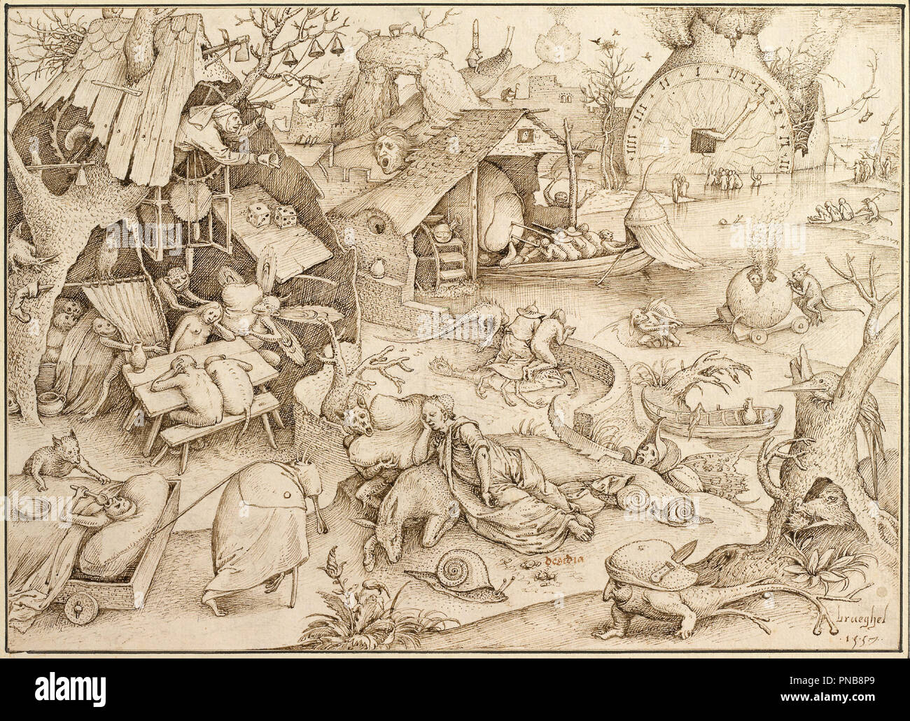 Desidia (Bradipo), 1557. Data/Periodo: 1557. Penna e grigio-marrone a inchiostro e linee di trasferimento. Autore: Pieter Brueghel il Vecchio. Bruegel (Brueghel) il Vecchio, Pieter. Foto Stock