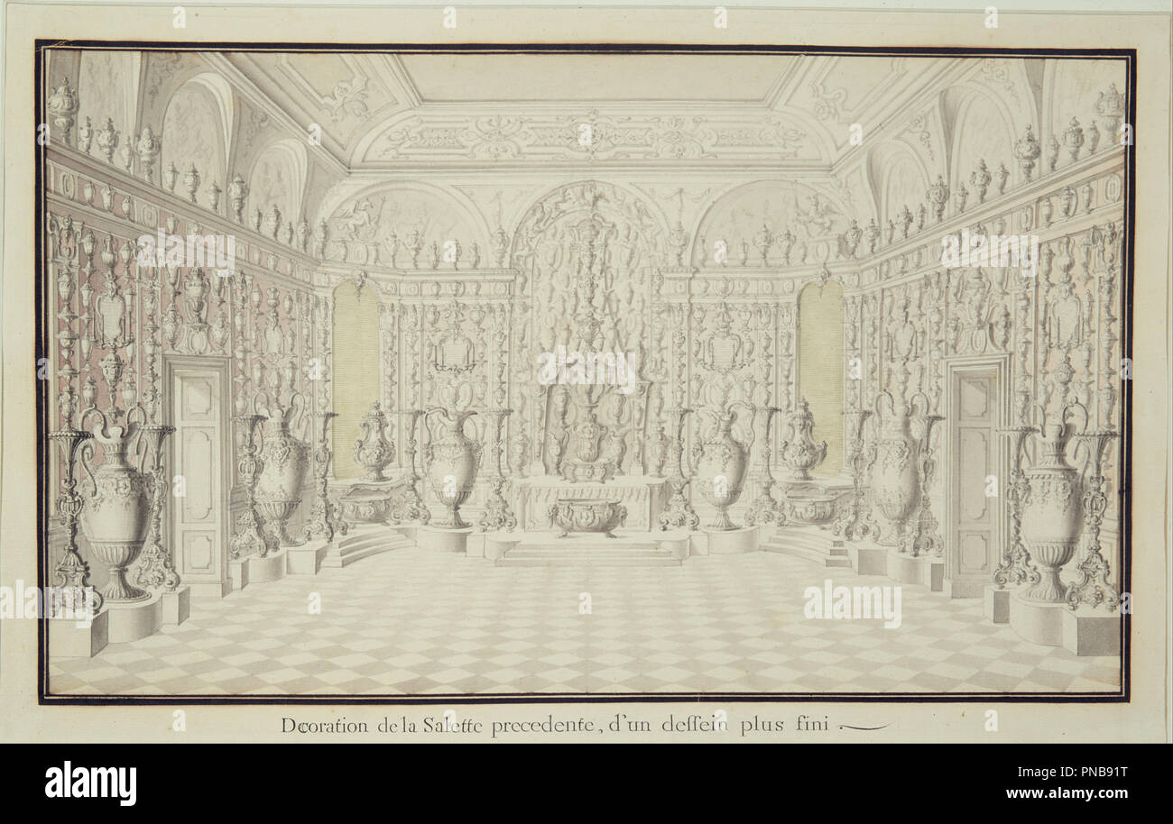 Display Wall con argento e oro vasi nella camera nella torre del Palazzo di Dresda. Data/Periodo: 1665 - 1742. La grafica. Altezza: 670 mm (26,37 in); larghezza: 476 mm (18.74 in). Autore: Raymond Leplat. Foto Stock