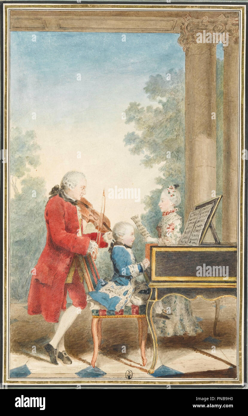 Portrait de Wolfgang Amadeus Mozart (Salzbourg, 1756-Vienne, 1791) jouant à Paris avec son père Jean-Georg-Léopold et sa soeur Maria-Anna. Data/Periodo: 1763. Disegno. Griffel, sanguine, gouache paint, carta Acquerello di vernice. Altezza: 195 mm (7,67 in); larghezza: 125 mm (4,92 in). Autore: LOUIS CARROGIS CARMONTELLE. Carmontelle, Louis de, Carrogis. Carmontelle, Louis. Foto Stock