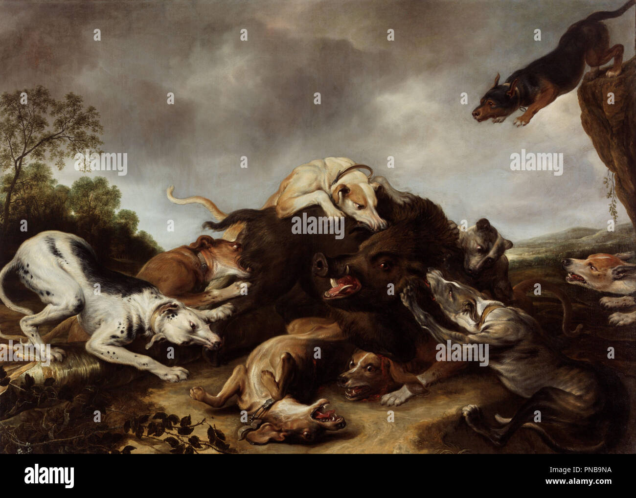 La caccia al cinghiale. Data/Periodo: ca. 1650s. La pittura. Olio su tela. Altezza: 1,720 mm (67.71 in); larghezza: 2390 mm (94.09 in). Autore: Frans Snyders e workshop. Frans Snyders. Foto Stock