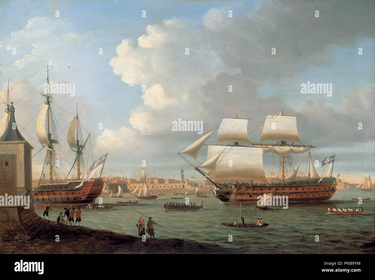 Foudroyant e Pégase entrando in Portsmouth Porto, 1782. Data/Periodo: 1782. La pittura. Olio su tela. Altezza: 76.70 mm (3.02 in); larghezza: 112.30 mm (4.42 in). Autore: DOMINIC SERRES. Foto Stock