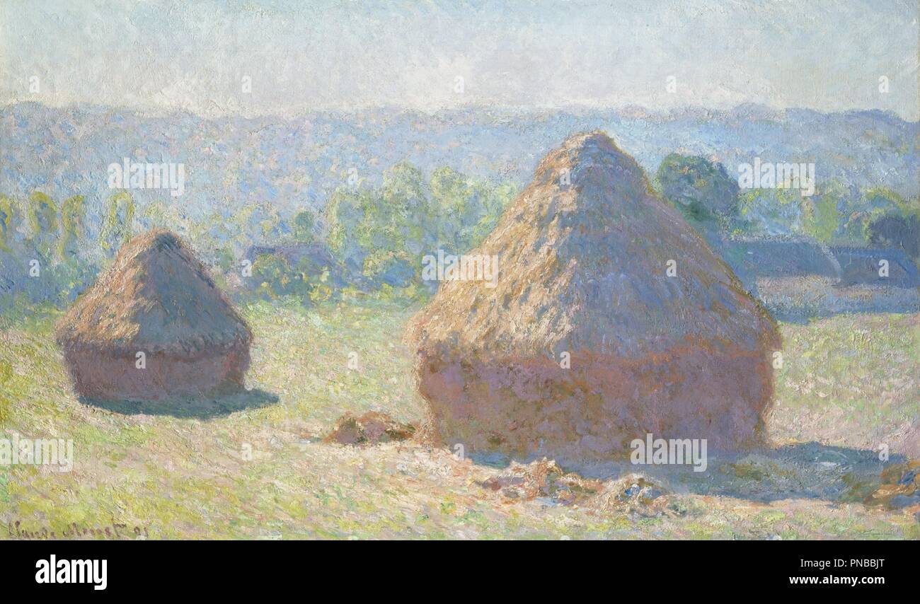 Haystacks, fine estate Meules, fin de l'été. Data/Periodo: 1891. La pittura. Olio su tela. Altezza: 600 mm (23,62 in); larghezza: 1,000 mm (39,37 in). Autore: Claude Monet. MONET, CLAUDE. Foto Stock