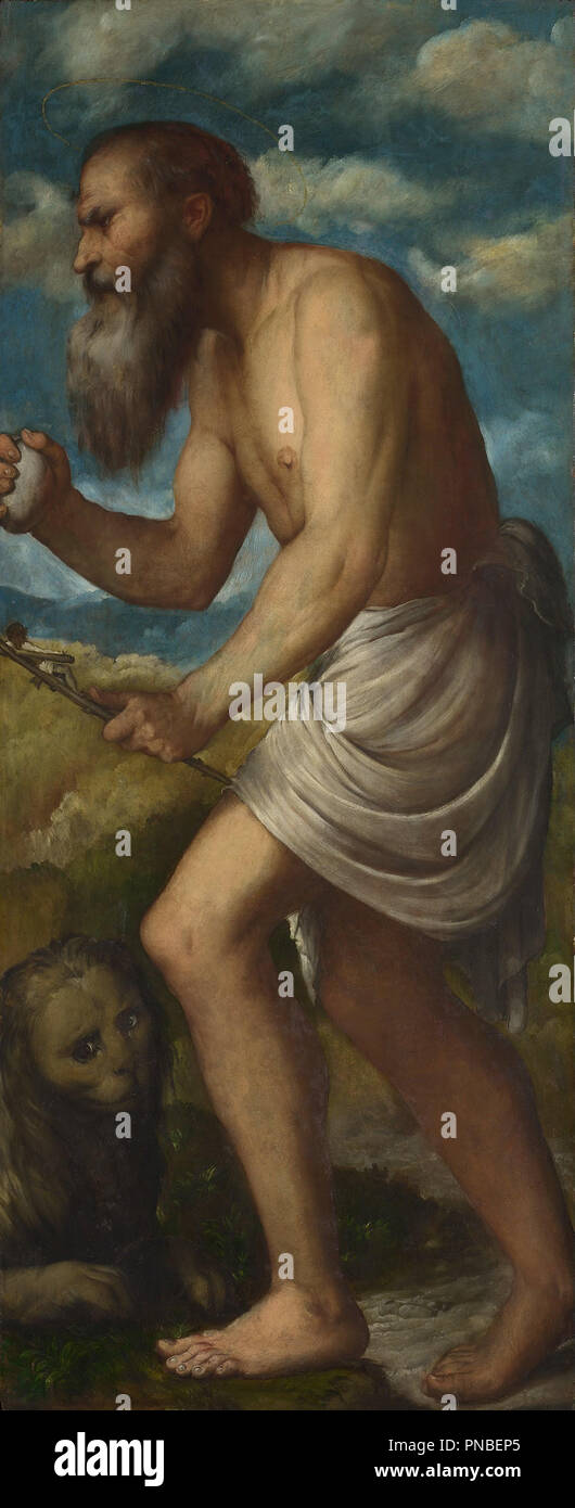 San Girolamo. La pittura. Olio su pannello. Altezza: 159,1 cm (62,6 in); Larghezza: 64,8 cm (25,5 in). Autore: Girolamo Romanino. Foto Stock