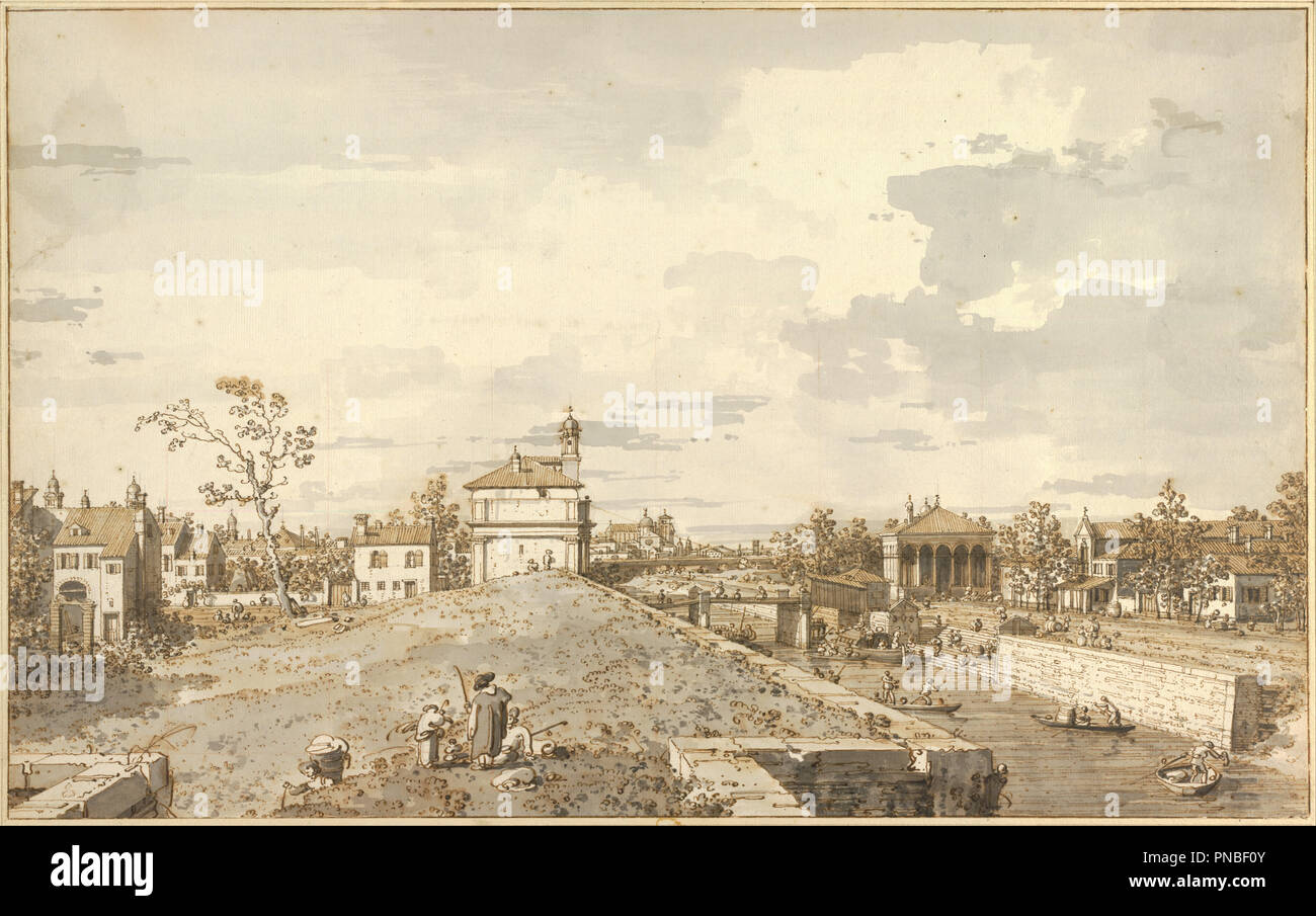 La Porta portello con il Canale del Brenta a Padova, 1740-1743. Data/Periodo: dal 1740 fino al 1743. Penna e inchiostro marrone, marrone e nero-grigio lavare in due toni, su disegno preliminare con matita nera; gesso rosso righe e righe incise con stilo in metallo, presumibilmente parte di squadratura. Matita e inchiostro, gesso nero, sanguine, cappello. Autore: CANALETTO. Foto Stock