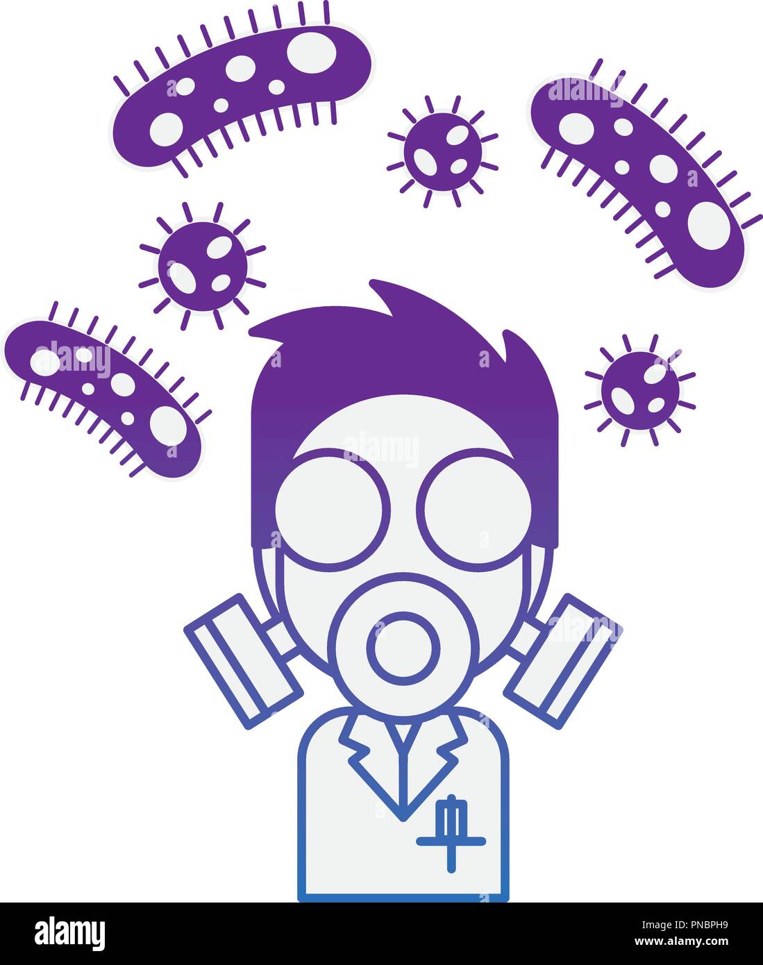 Uomo scientifico con maschera e bacteries laboratorio di chimica Illustrazione Vettoriale