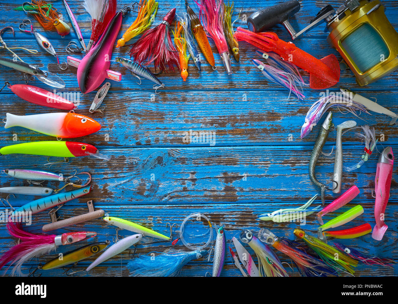 Esche Artificiali di affrontare la raccolta per saltwater trolling e la filatura pescatore Foto Stock