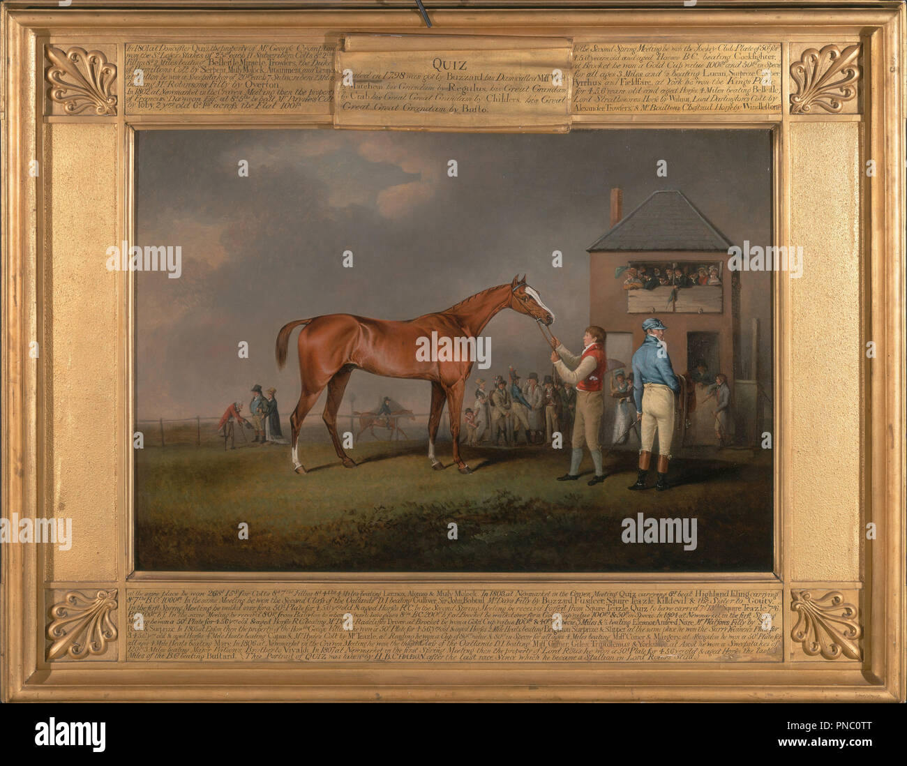 Quiz, dopo la sua ultima gara a Newmarket. Data/Periodo: 1807. La pittura. Olio su tela. Altezza: 77,5 cm (30,5 in); larghezza: 109,9 cm (43,2 in). Autore: Enrico Bernard Chalon. Foto Stock