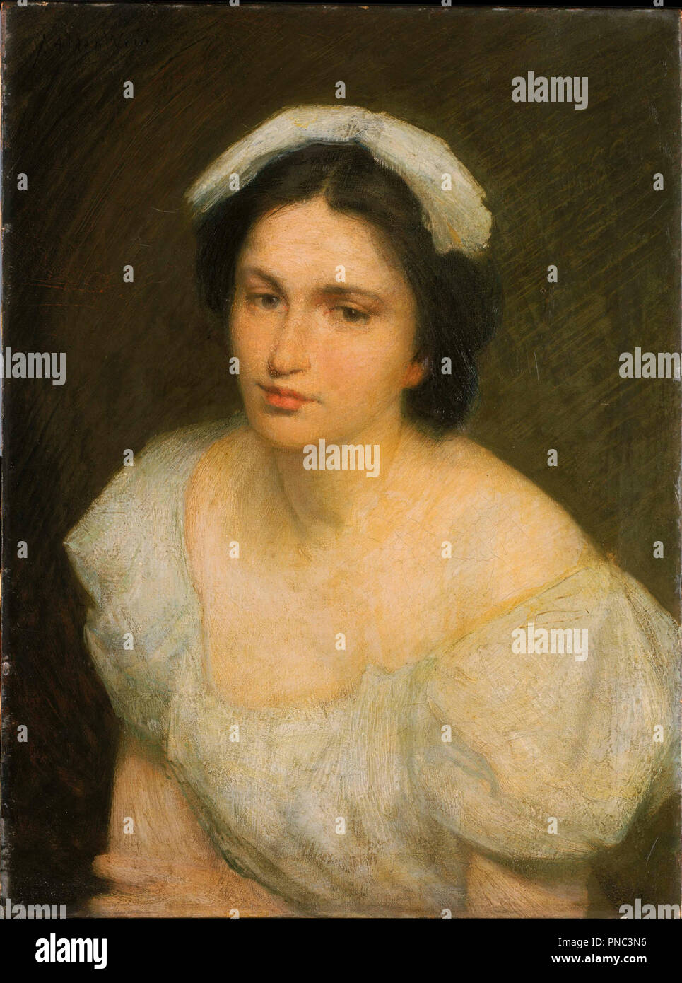 Una ragazza alsaziano. La pittura. Olio su tela. Altezza: 24 mm (0.94 in); larghezza: 18 mm (0.70 in). Autore: J. Alden Weir. Foto Stock