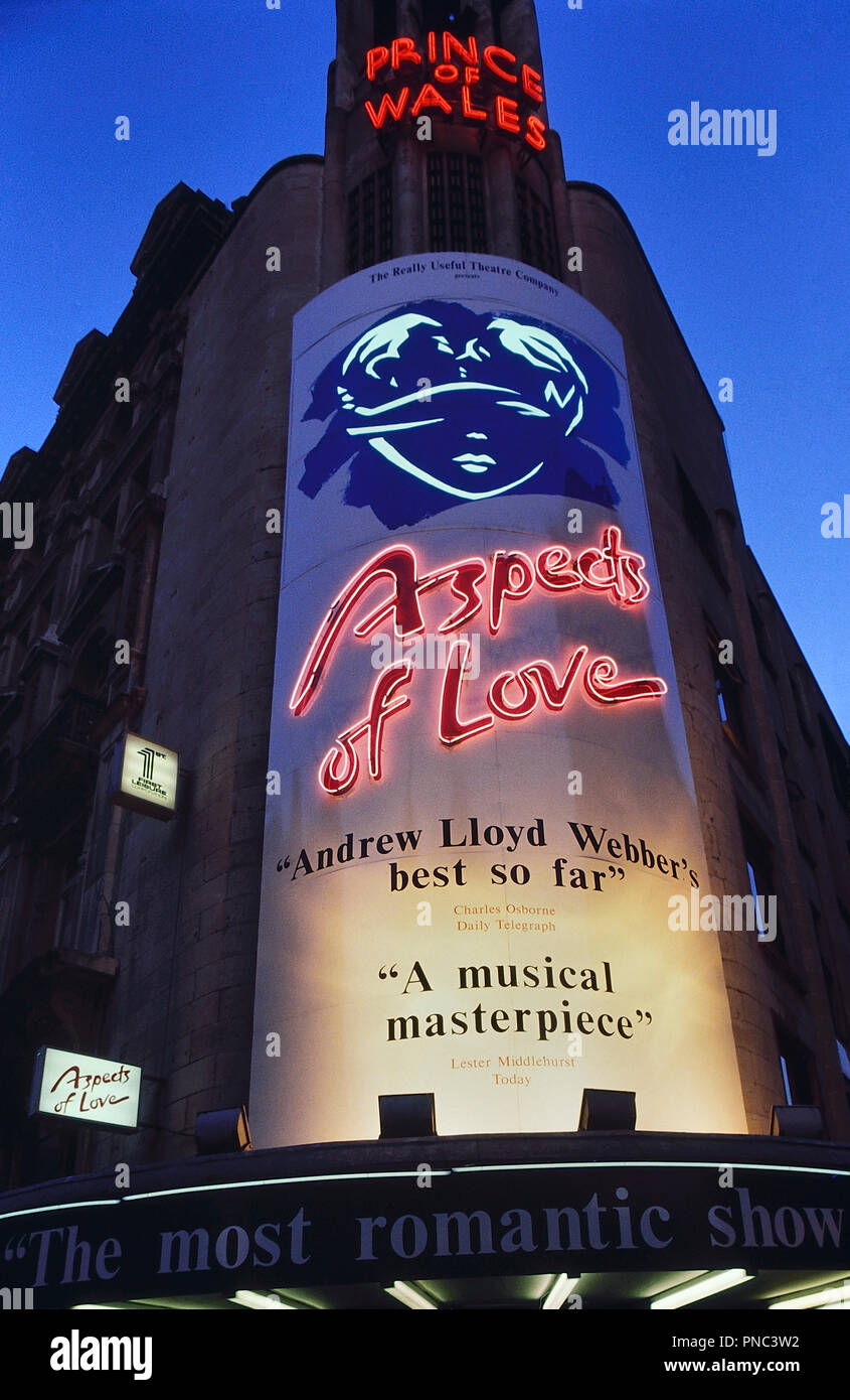 Aspetti dell amore marquee segno, Prince of Wales Theatre, Londra, Inghilterra, Regno Unito. 1989 Foto Stock