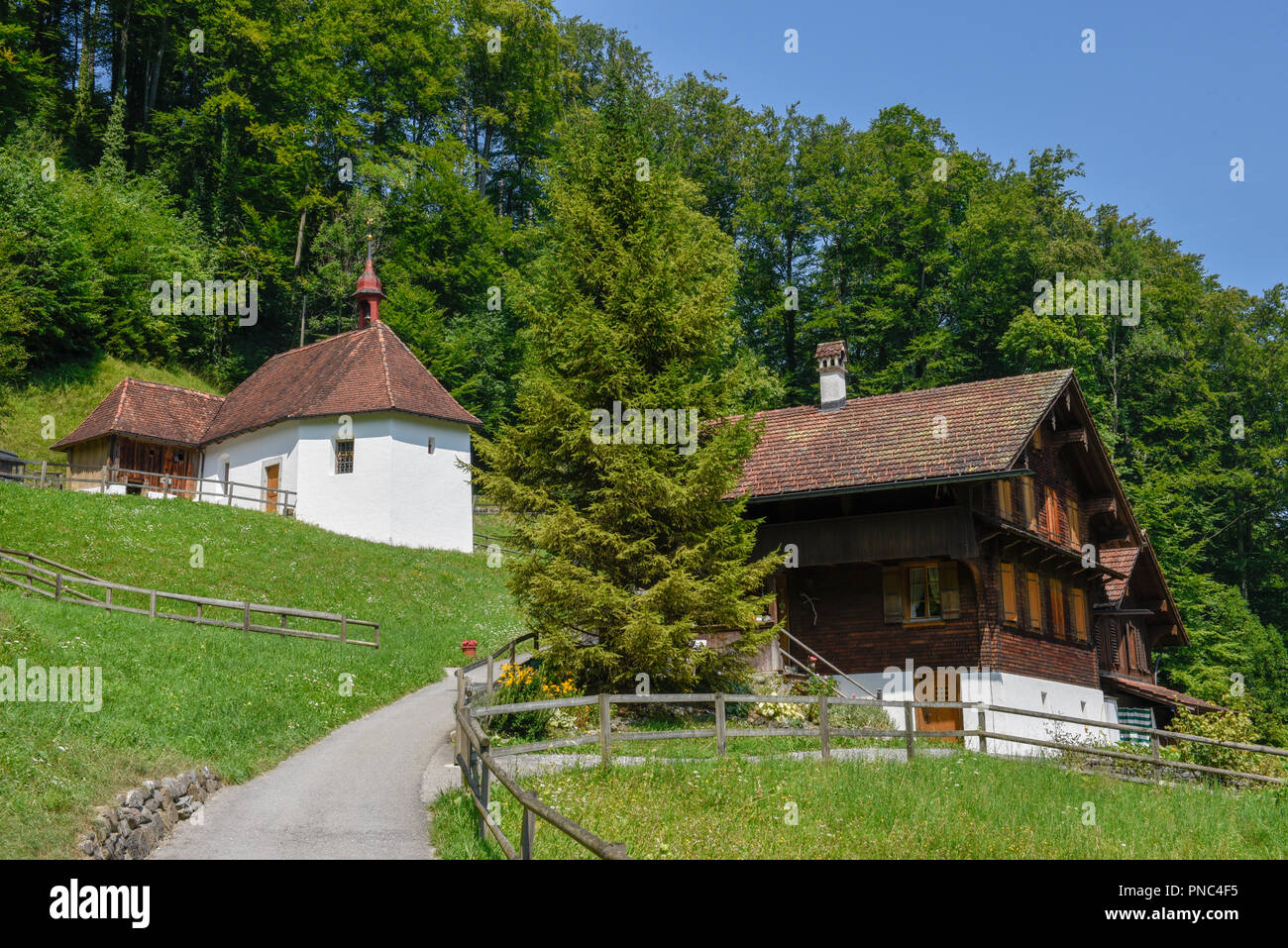 Ranft cappella del santo eremita Niklaus von Flüe a al Flüeli-Ranft sulle alpi svizzere Foto Stock