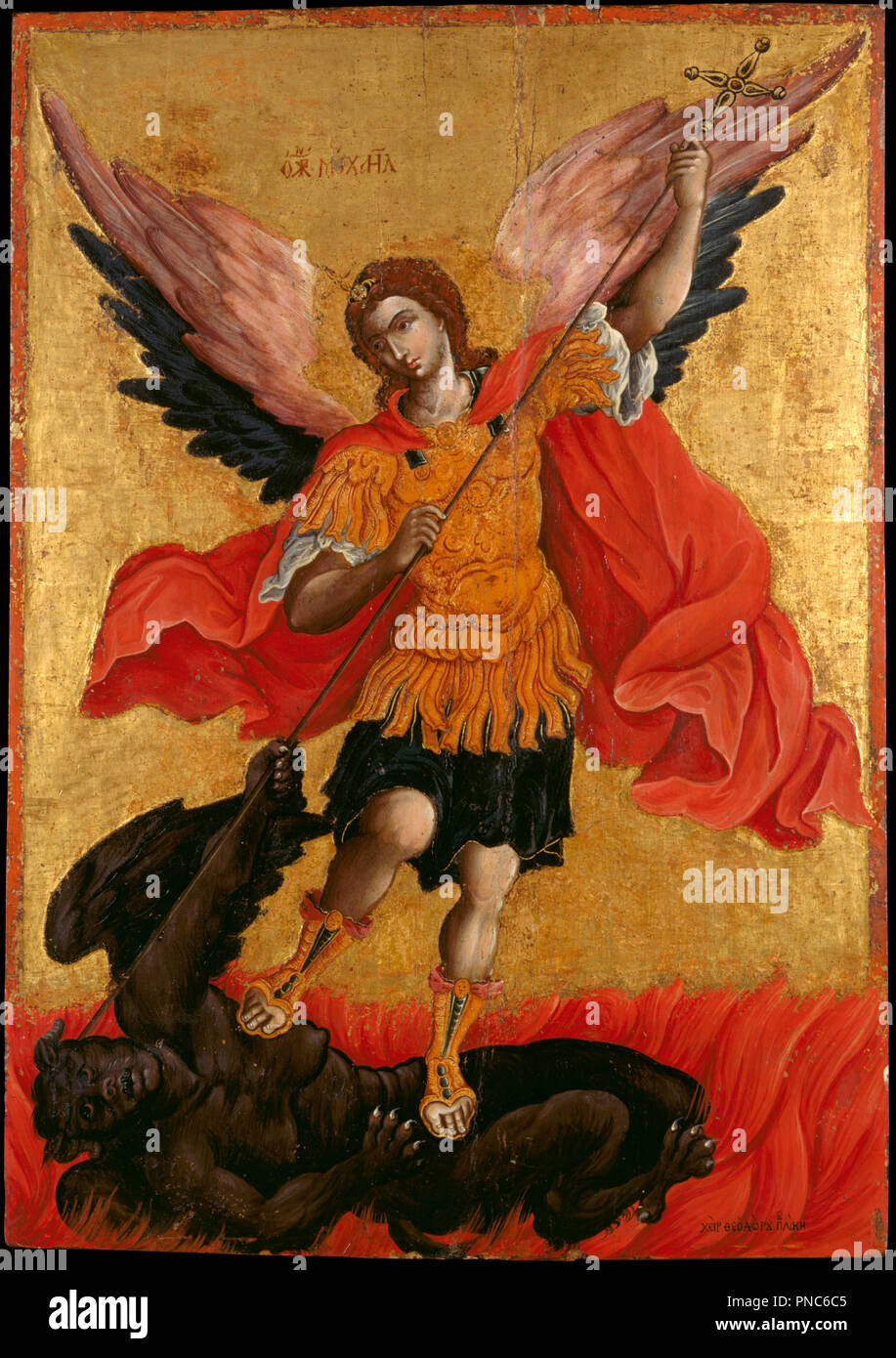 L'Arcangelo Michele. Data/Periodo: 1650 - 1699. Icona. Altezza: 760 mm (29.92 in); larghezza: 543 mm (21.37 in). Autore: Poulakis Theodoros. Poulakis, Teodoro. Foto Stock