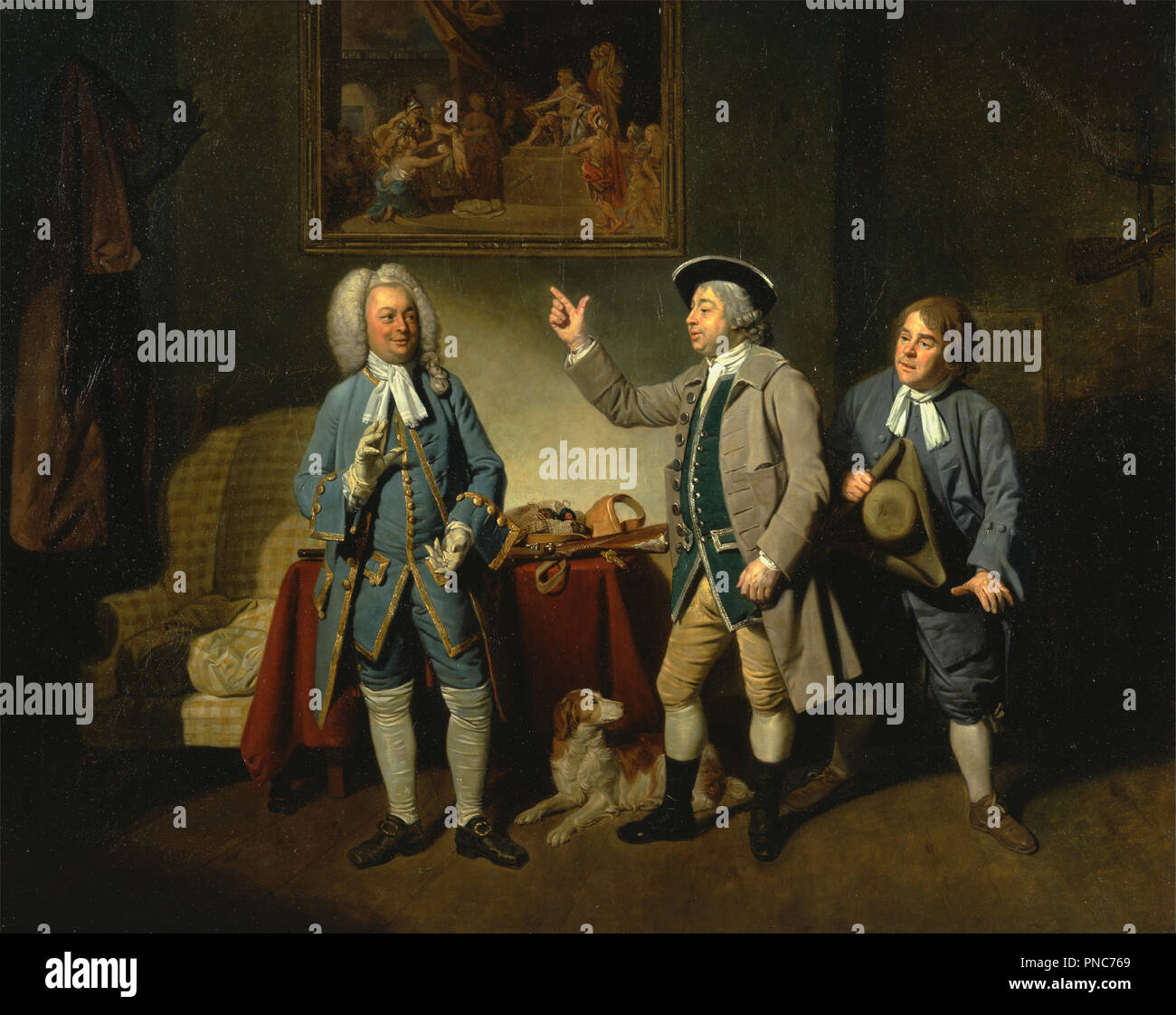 Edward Shuter, Giovanni barba, e John Dunstall in Isacco Bickerstaffe 'l'Amore in un villaggio". Data/Periodo: 1767. La pittura. Olio su tela. Altezza: 1,302 mm (51.25 in); larghezza: 1,651 mm (65 in). Autore: Johan Joseph Zoffany. Foto Stock