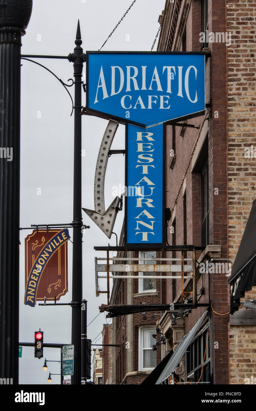 Adriatico Cafe insegna al neon, Andersonville, Chicago, IL. Foto Stock