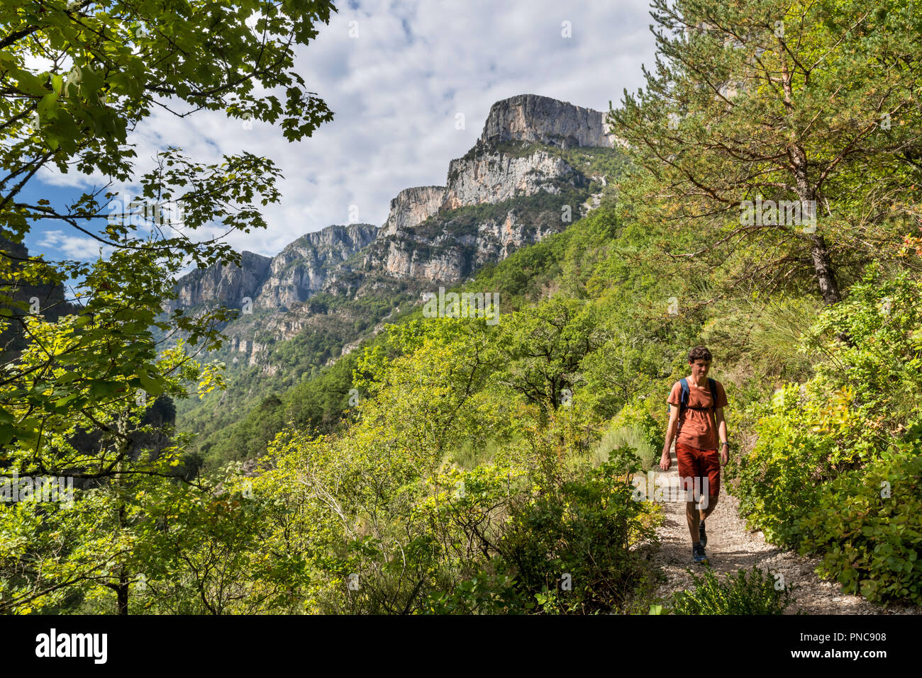 Walker camminando lungo il Sentier Martel percorso nelle Gorges du Verdon / Verdon Gorge canyon, Provence-Alpes-Côte d'Azur, in Francia Foto Stock