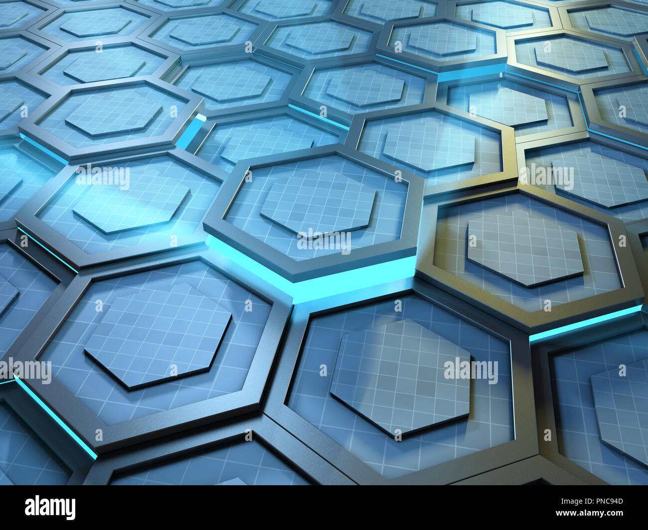 Alta tecnologia con sfondo piastrellato forme esagonali che compongono un movimento di superficie. 3D'illustrazione. Foto Stock