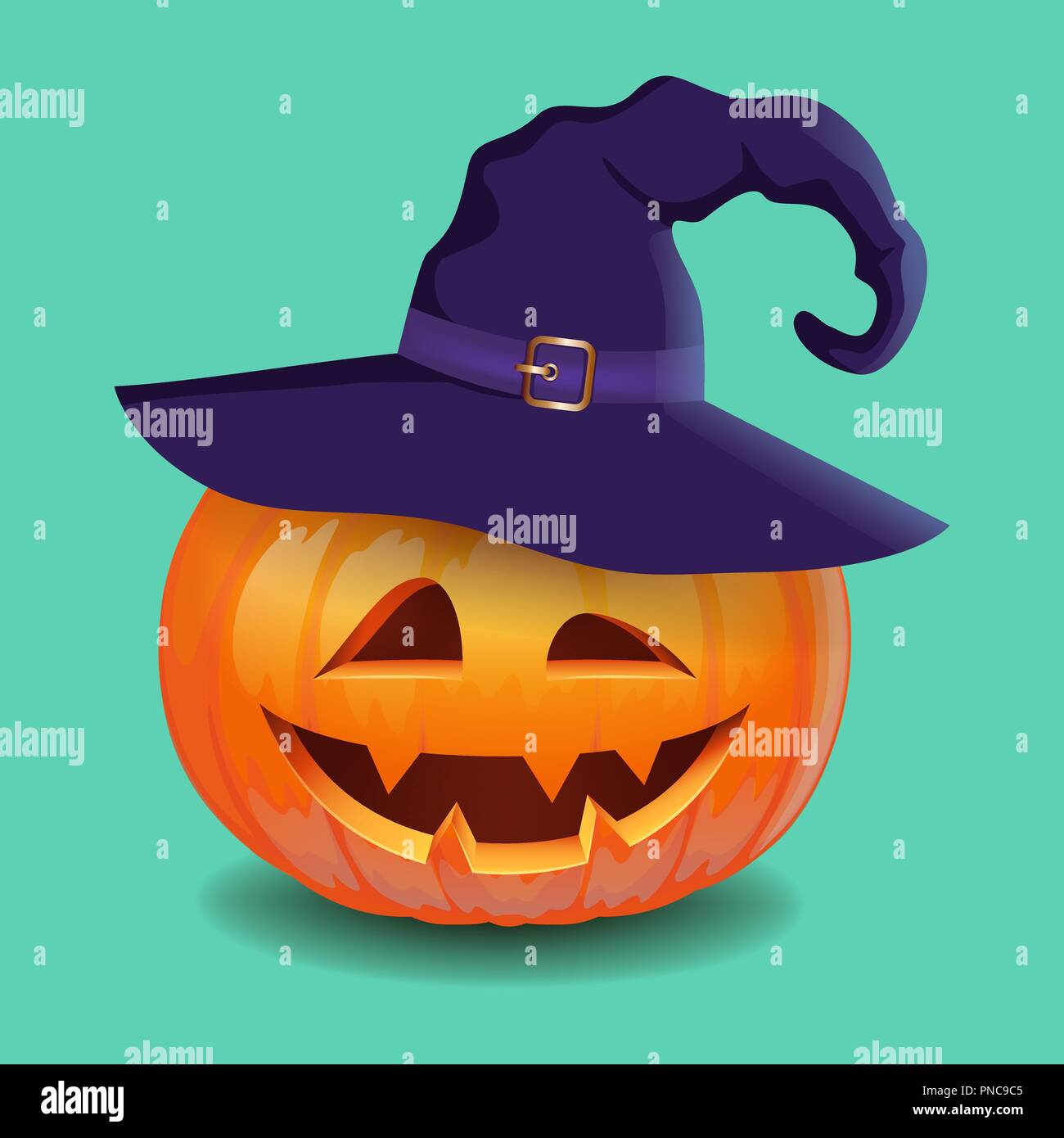 Zucca di Halloween volto - creepy sorriso Jack o lanterna in magic hat Illustrazione Vettoriale