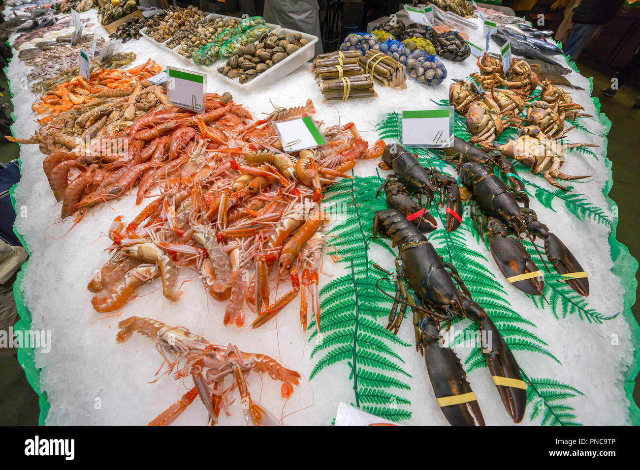 I frutti di mare freschi al mercato di Barcellona. Spagna Foto Stock