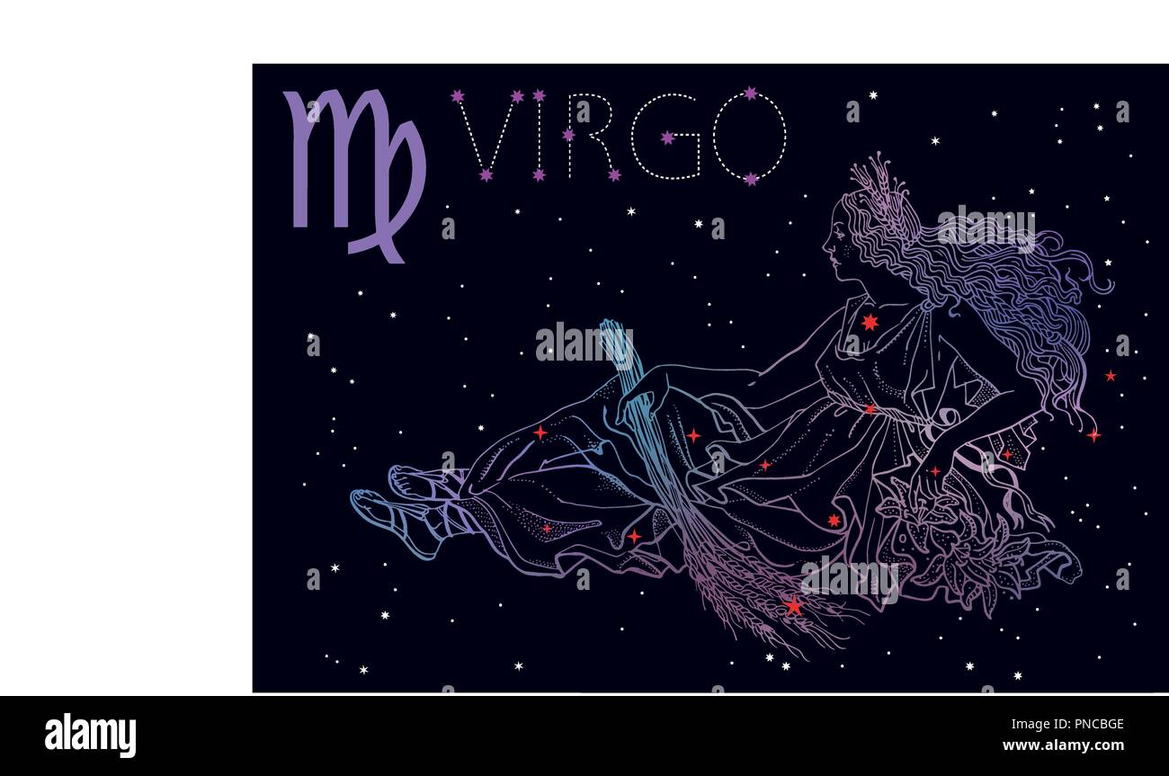 Virgo segno zodiacale e costellazione. Donna che mantiene le orecchie di frumento, la dea della natura, il raccolto e la femminilità. Fondo cosmico, stelle. Oroscopo, astrologia, mitologia. Incisione vintage stile di tatuaggio. Illustrazione Vettoriale