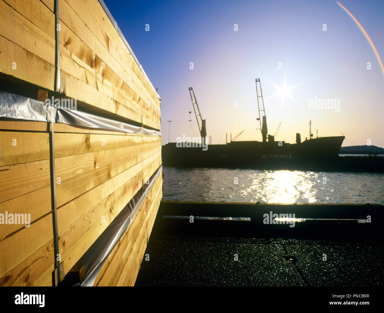 America del nord, Canada, British Columbia, Nanaimo, legname pronto per l'esportazione Foto Stock