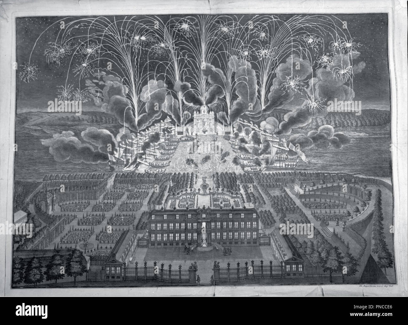 Spettacolo pirotecnico sul fiume Elba dietro il Holländisches Palais il 10 settembre 1719. Data/Periodo: 1683 - 1738. Stampa. Attacco chimico. Altezza: 625 mm (24.60 in); larghezza: 855 mm (33.66 in). Autore: JOHANN AGOSTO CORVINUS. Foto Stock