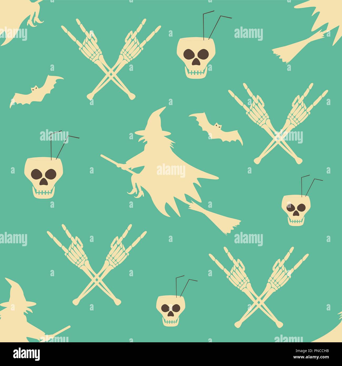 L'inferno Halloween party seamless pattern. La sera di Valpurga. Teschi umani come calici, lo scheletro mani nel rock and roll gesto, pipistrelli, streghe Illustrazione Vettoriale