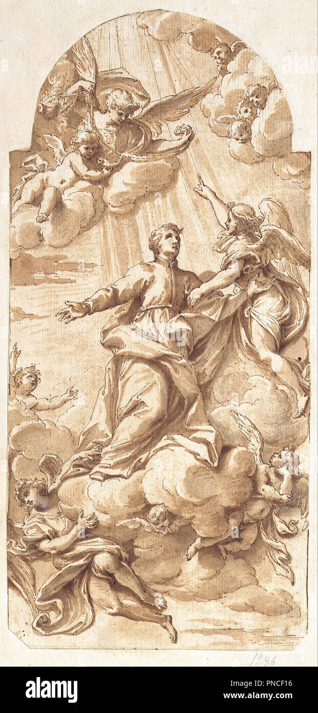 La Gloria di San Giovanni Francesco Regis. Data/Periodo: 1723. Penna e inchiostro bruno su tracce di gesso nero, marrone lavaggio, lievi tracce di un corpo bianco-colore. Feder in Braun, über Spurenschwarzer Kreide, Braun laviert, geringe Spuren von Deckweiß. Altezza: 295 mm (11,61 in); larghezza: 140 mm (5.51 in). Autore: CAMILLO RUSCONI. Foto Stock