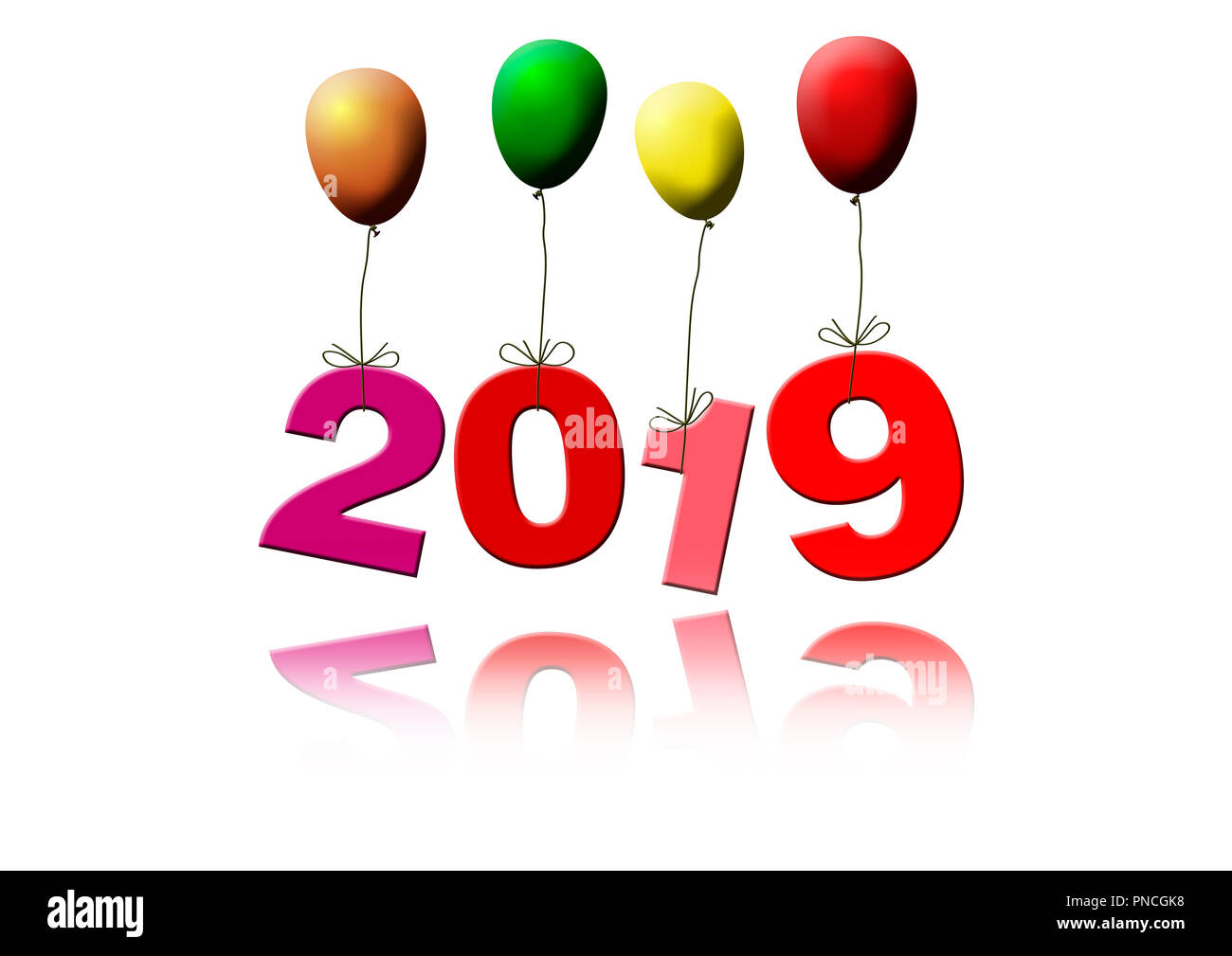 Nuovo anno la data 2019 battenti con palloncini colorati Foto Stock