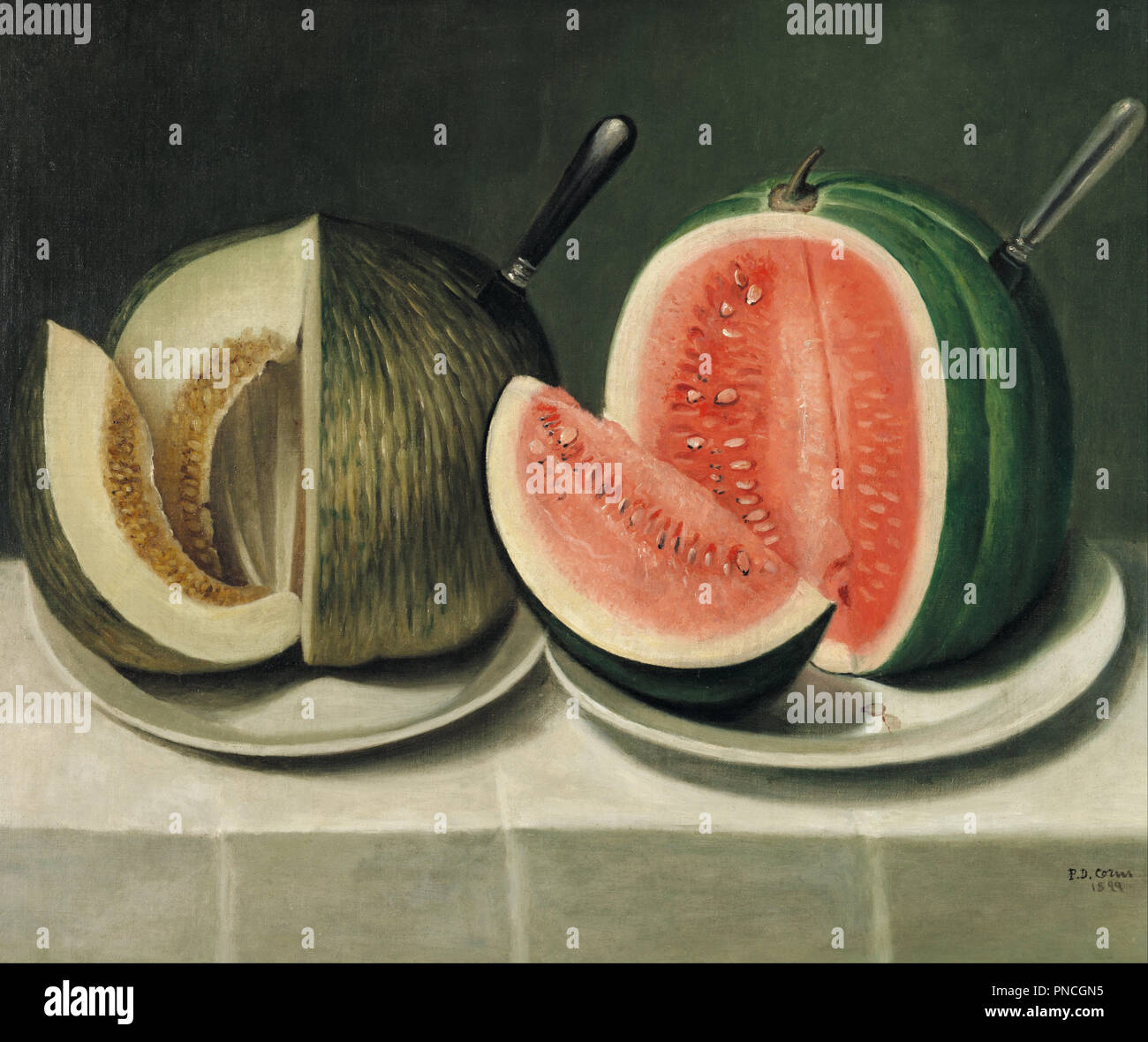 Meloni. Data/Periodo: 1899. La pittura. Olio su tela. Altezza: 601 mm (23.66 in); larghezza: 732 mm (28.81 in). Autore: Daoud Corm. Foto Stock