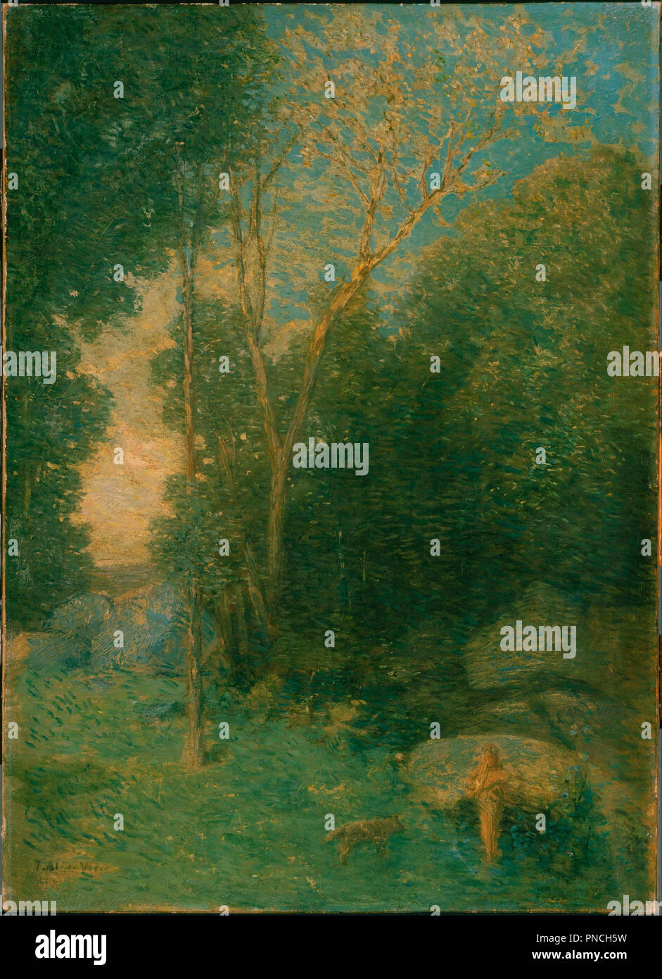 Panoramica e il lupo. Data/Periodo: ca. 1907. La pittura. Olio su tela. Altezza: 34 mm (1.33 in); larghezza: 24 mm (0,94 in). Autore: J. Alden Weir. Foto Stock